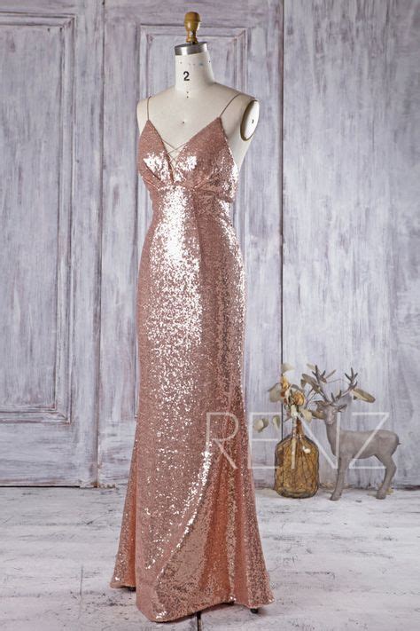 Party Dress Rose Gold Sequin Bridesmaid Dress V Neck Sleeveless Fitted Prom Dress Spaghetti