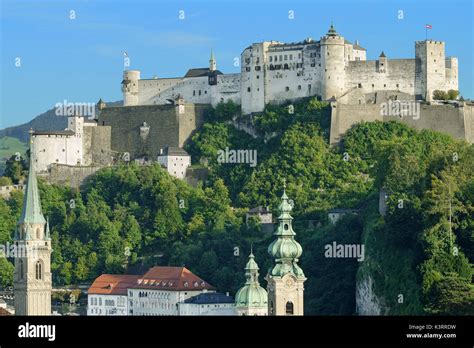 Hohensalzburg Castle in Austria, view from Moenchsberg. High Salzburg ...