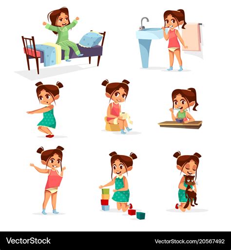 Cartoon Girl Daily Routine Activity Set Royalty Free Vector NBKomputer