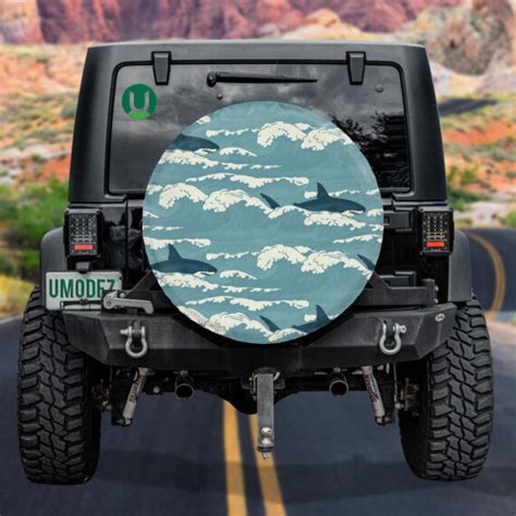 Hand Drawn Vintage Pattern Of Sharks And Waves Spare Tire Cover Jeep