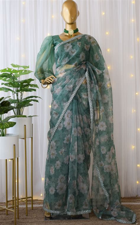 Forest Green Floral Organza Saree Artofit