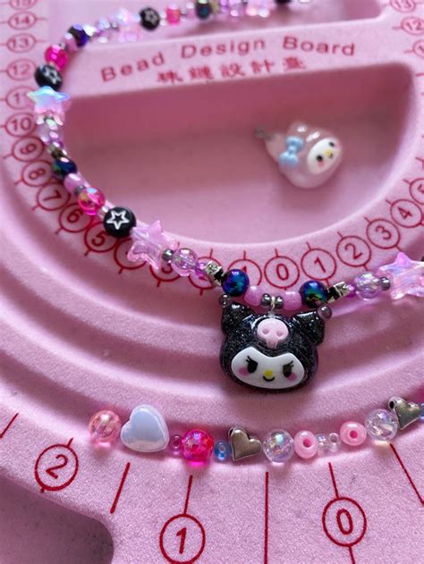 Beaded Kuromi And Melody Necklaces Pink Sparkly Kawaii Jewelry Black Crystal Ring