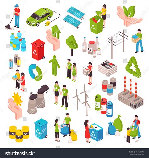 Ecology Isometric Set People Involved Cleaning Stock Vector Royalty