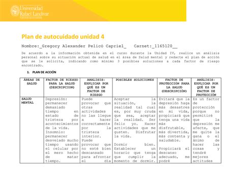 Plan De Autocuidado Unidad 4 1 PLAN DE ACCIN REAS DE SALUD FACTOR