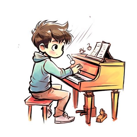 Premium Photo Cartoon Boy Playing A Piano With A Sheet Of Music On