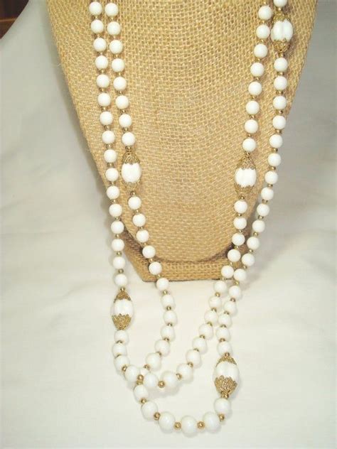 Long Vintage 60 White Beaded Necklace With Gold Tone Etsy