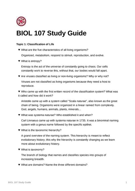 BIOL 107 Study Guide Topic 1 Biol107 UAlberta Studocu