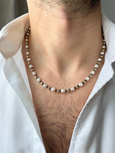 Mens Pearl Necklace With Hematite Gold Pearl Necklace Men Real Pearl