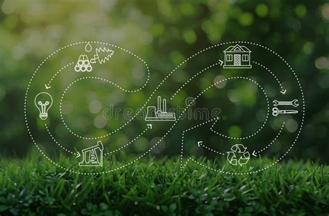 Circular Economy Concept A Field Of Grass With Scheme Of Icons Of