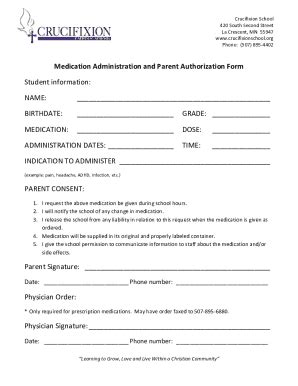 Fillable Online Medication Administration And Parent Authorization Form