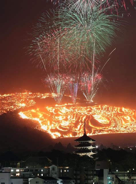 夜空を焦がす若草山の山焼き＝28日夜、奈良市（1時間多重露光、山田哲司撮影） 花火 奈良 山焼き