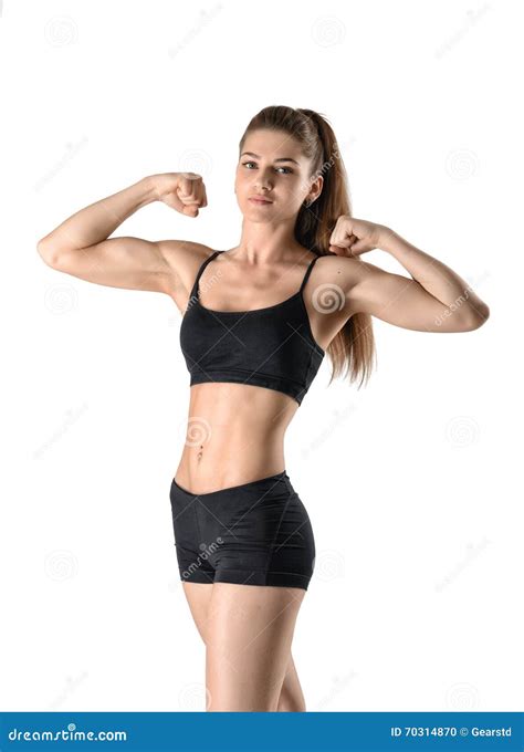 Cutout Portrait Of Female Model Flexing Her Biceps Standing Sideways