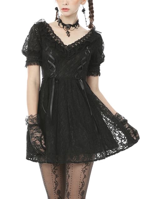 Sexy Rebel Black Lace V Neck Gothic Short Sleeve Dress Magic Wardrobes