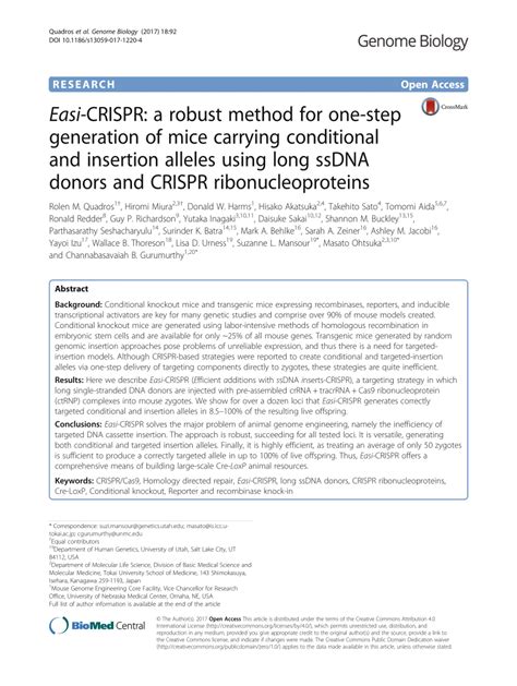 Pdf Easi Crispr A Robust Method For One Step Generation Of Mice Carrying Conditional And