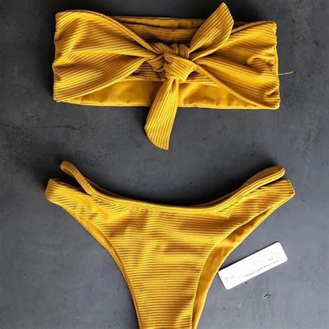 Adriana Arango 2018 Swimwear For Women Yellow Bandeau Bikini Bow Knot