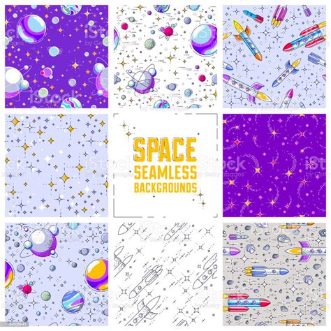 로켓 행성 소행성 혜성 유성 및 별 알려지지 않은 깊은 코스모스 어린이를 위한 환상적인 직물 직물 끝 없는 타일링 패턴 벡터와 원활한 공간 배경의 집합입니다 우주에 대한