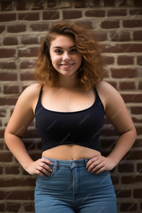 Premium Ai Image A Young Woman In Jeans And A Crop Top Standing In Front Of A Brick Wall