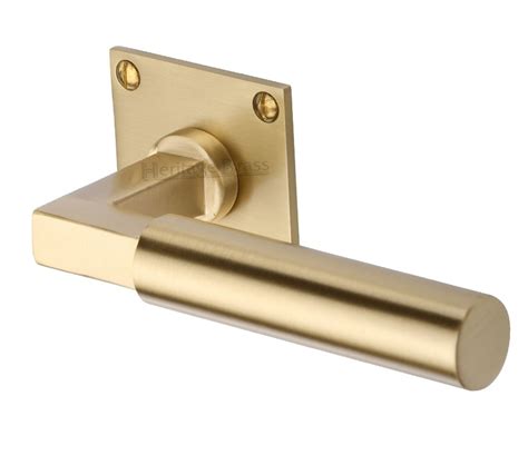 Heritage Brass Bauhaus Low Profile Satin Brass Door Handles On Square Rose Sold In Pairs