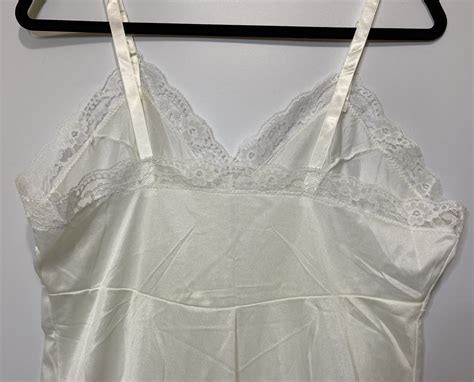 Vtg Usa Made Nylon Full Slip Lingerie Dress Lace Whit Gem