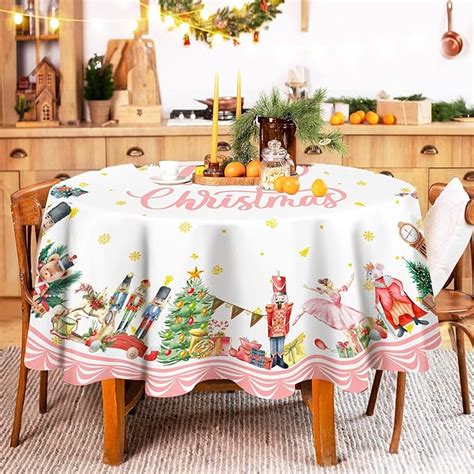 Christmas Round Tablecloth 60 Inch Merry Christmas Table