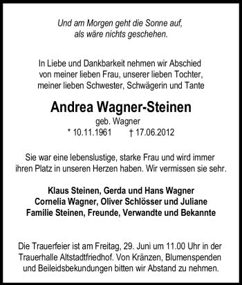 Traueranzeigen Von Andrea Wagner Steinen Trauer In Nrw De