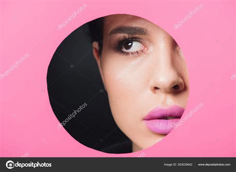 Beautiful Girl Smoky Eyes Pink Lips Looking Away Hole Paper — Stock