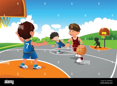 Kids Playing Basketball In A Playground Cartoon Vector Image ...