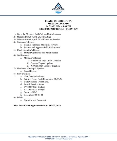 Board Agenda Northwest Rural Water District