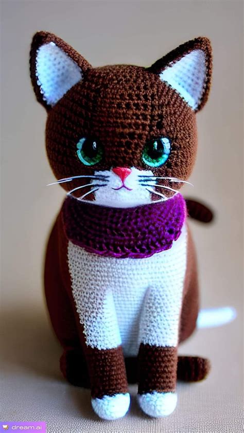 A Crocheted Cat Sitting On Top Of A White Table Next To A Brown Wall