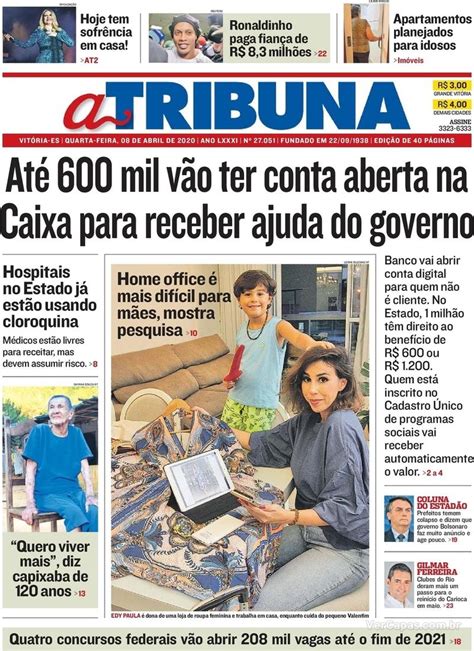 Capa A Tribuna Edição Quarta 8 de Abril de 2020