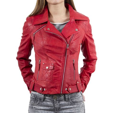 Womens Genuine Lambskin Leather Motorcycle Slim Fit Red Biker Jacket