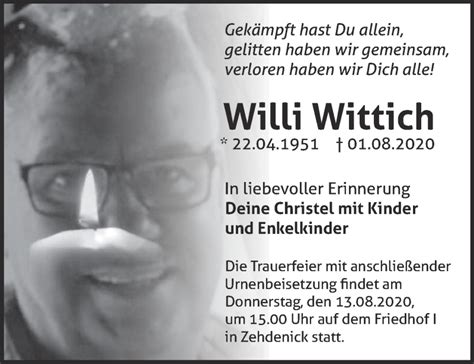 Traueranzeigen von Willi Wittich Märkische Onlinezeitung Trauerportal