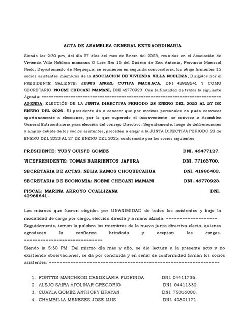 Modelo De Acta De Cambio De Directiva De Asociacion Pdf Gobierno