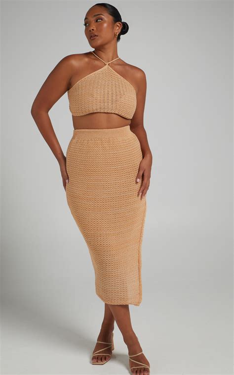 Missy Chevron Crochet Midi Skirt Two Piece Set In Beige Showpo Usa