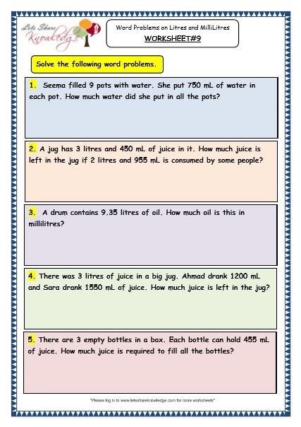 Grade 3 Maths Worksheets 13 6 Measurement Of Capacity Word Problems On Litres And Millilitres