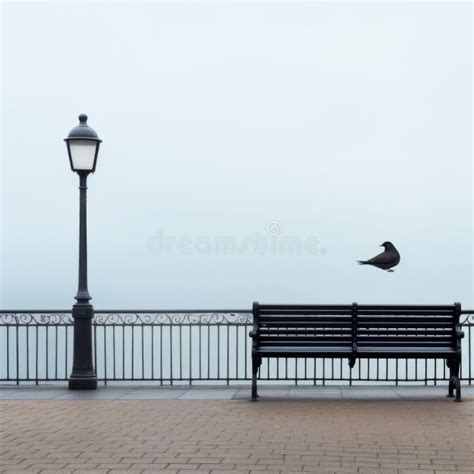 A Black Bench Sitting On A Brick Walkway Next To A Lamp Post Stock