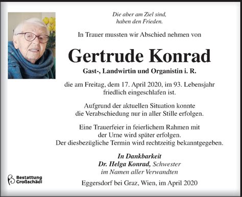 Traueranzeigen Von Gertrude Konrad Trauer Kleinezeitung At