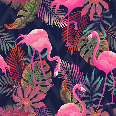 Beautiful Seamless Tropical Pattern With Pink Flamingo And Palm Leaves