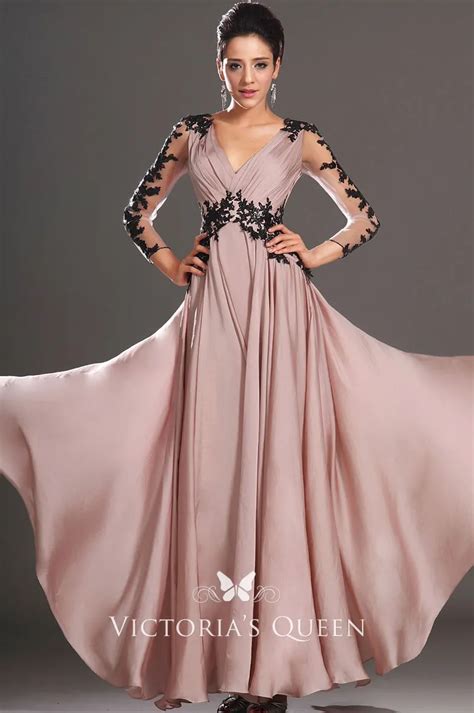 Champagne Chiffon Black Lace Appliqued Prom Dress Vq