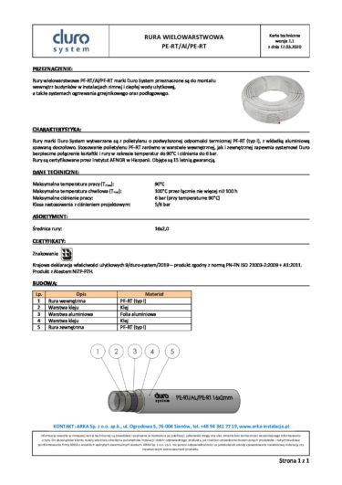 Duro System Karta Techniczna Rura Wielowarstwowa Pe Rt Al Pe Rt