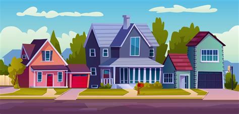 Premium Vector Cartoon Street With Suburban Houses Driveway Tree