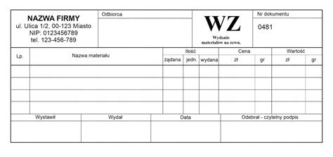 WZ Wydanie materiałów na zewnątrz z NUMERACJĄ DL DW2017 Cena