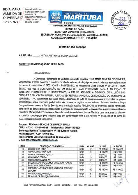 Termo De Adjudica O Ass Prefeitura Municipal De Marituba Pa