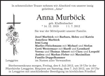 Traueranzeigen von Anna Murböck trauer merkur de