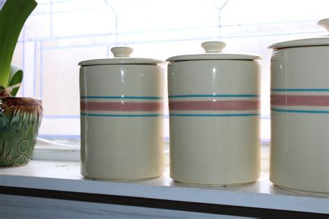 Vintage Kitchen Canister Set Mccoy Stonecraft Pink And Blue Stripes