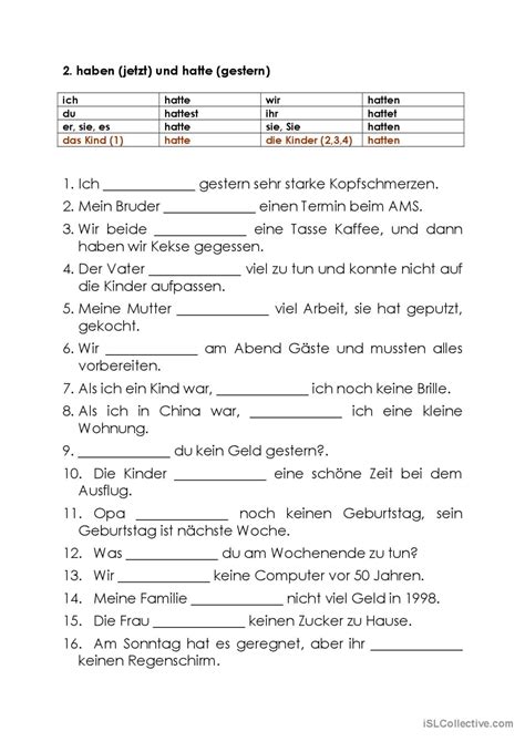 Präteritum von SEIN und HABEN Gramma Deutsch DAF Arbeitsblätter pdf doc