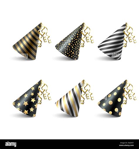 Vector 3d Realistic Black And Golden Birthday Party Hat Icon Set