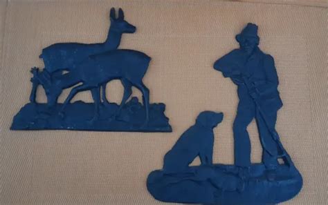 2 APPLIQUES TABLEAU EN Fonte De Fer Motifs Chasseur Et Biches EUR 7 00