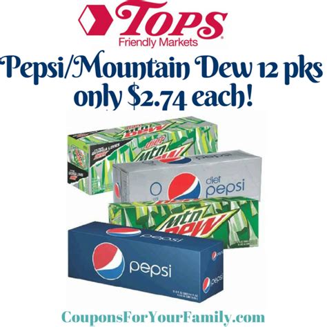 Print these Pepsi coupons to get 12pks for $2.74 at Tops when stacking ...