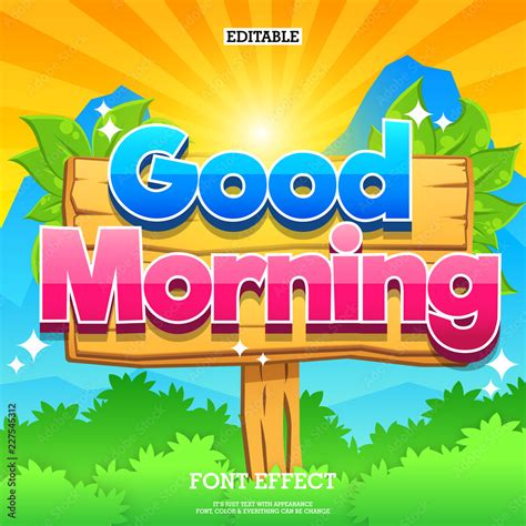 Good Morning Sign On Wood Plank With Mountain Background Stock Vector